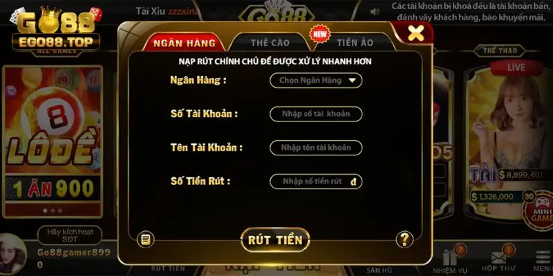 Giao dịch qua tài khoản ngân hàng tại Go88 rất dễ dàng